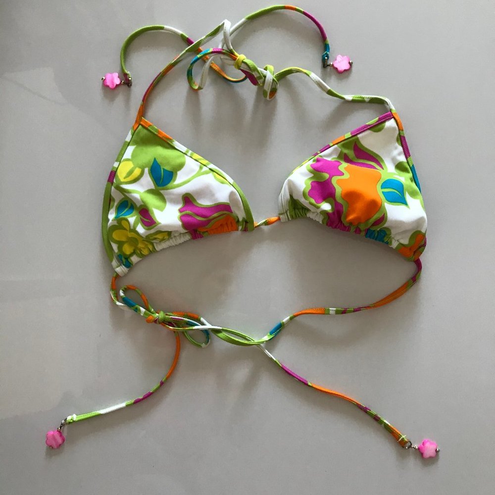 MILLY Triangle Bikini Top Size L Floral Print green with Bead ties